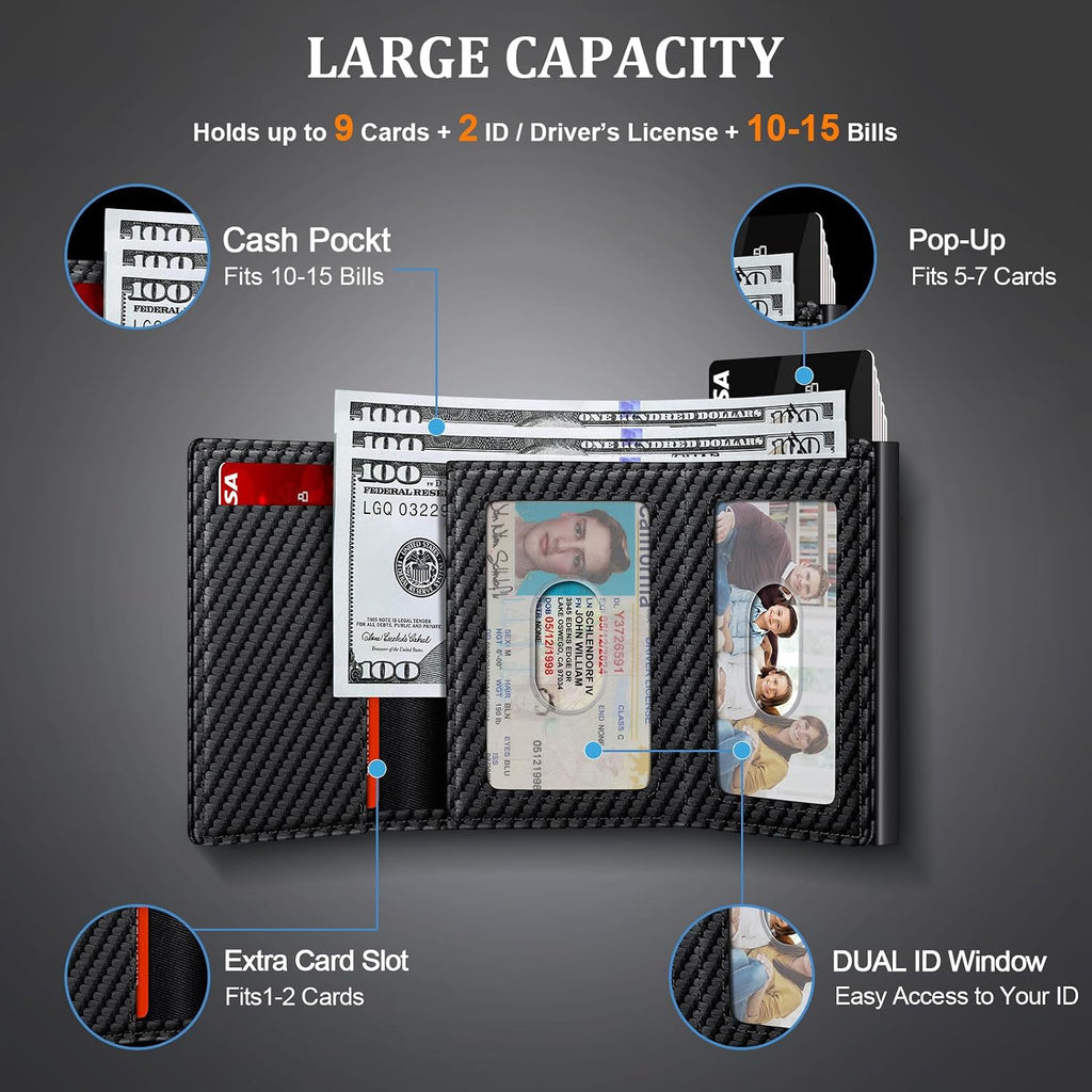 Minimalist Wallet for Men, RFID Blocking Pop Up Wallet with 2 ID Windows