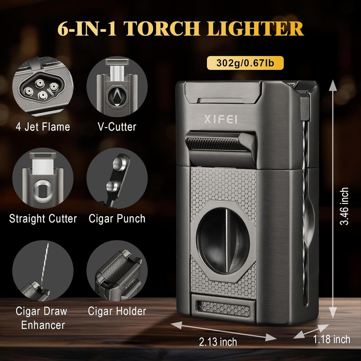 XIFEI 6-in-1 Cigar Lighter, Desktop Torch Lighter with Straight Cut V-Cut Cigar Cutter, Dual Cigar Punch, Cigar Draw Enhancer, Cigar Holder, 4 Jet Flame Refillable Butane Lighter Gift for Men (Gray)