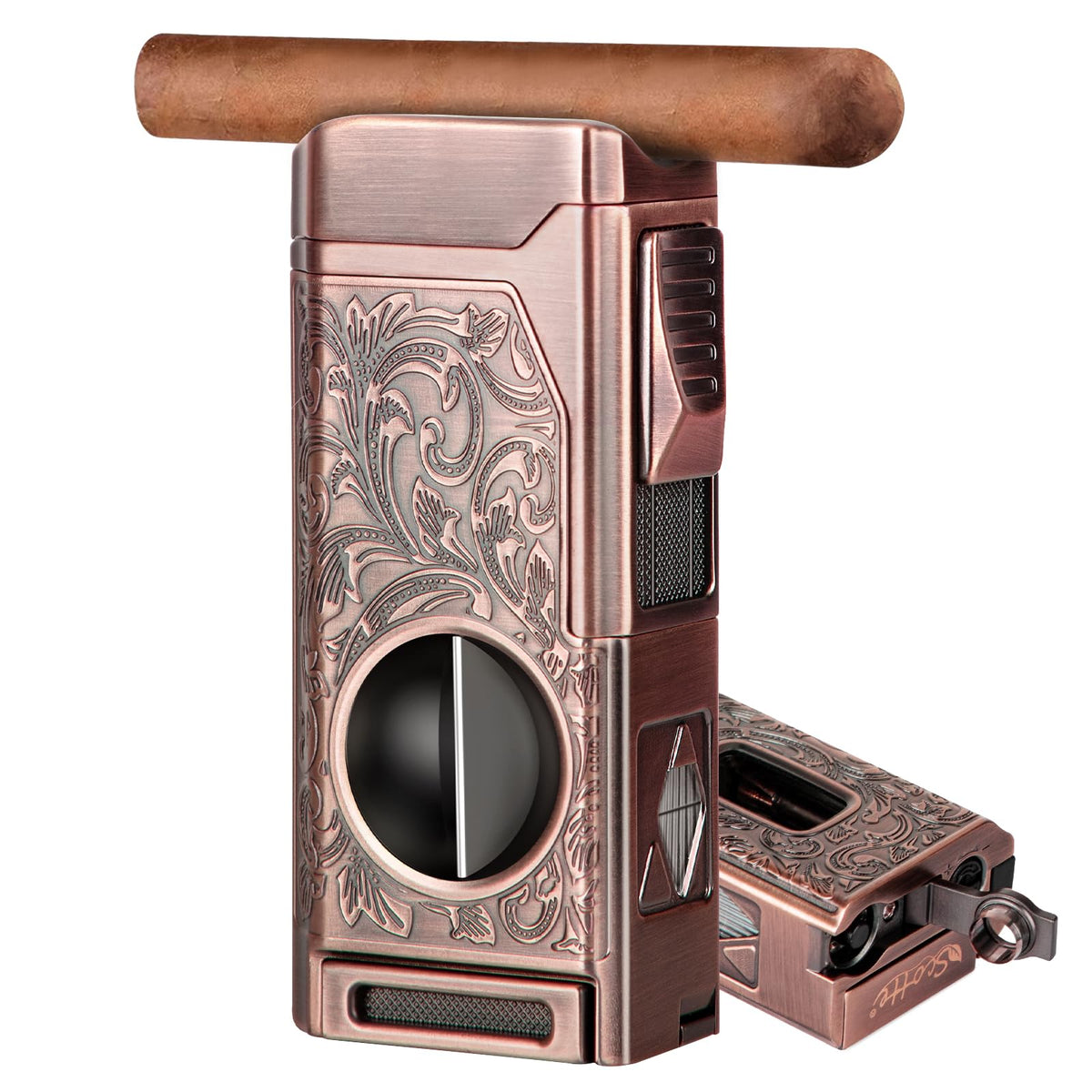 Cigar Lighter, 4 Jet Flame Torch Lighter, Refillable Butane Lighter with Cigar Cutter V Cut Cigar Punch Cigar Holder Cigar Draw Enhancer, Great Cigar Accessories Cool Lighters for Smoking in Gift Box