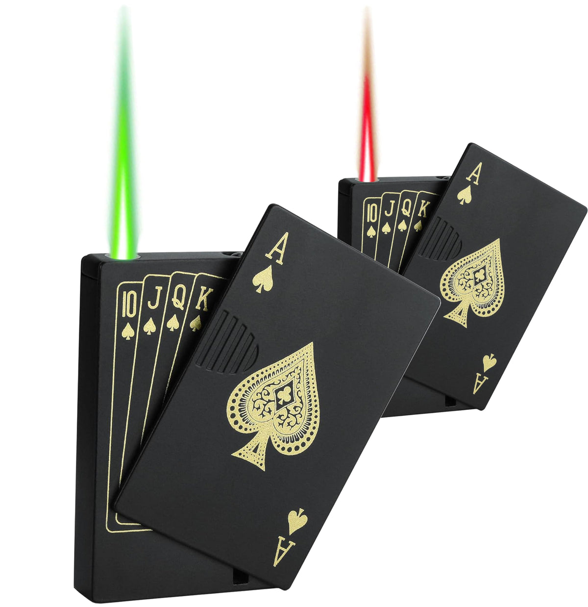 Jet Torch Lighter, 2 Pack, Green+Red Flame Ace Card Lighter, Cool Lighter Windproof Poker Design, Refillable Butane, for Outdoor, Indoor, Camping, BBQ, Candle, Birthday, Gift (Without Gas)