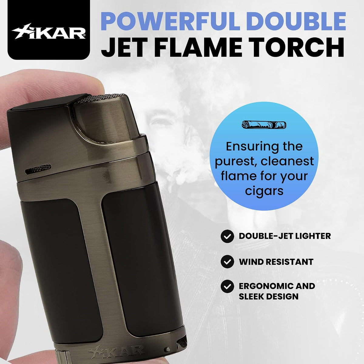 XIKAR ELX Double Jet Flame Butane Torch Lighter with 9mm Cigar Punch – Refillable Butane Lighter with Fuel Window – Wind-Resistant Adjustable Flame – Premium Cigar Accessory – Black with Gunmetal