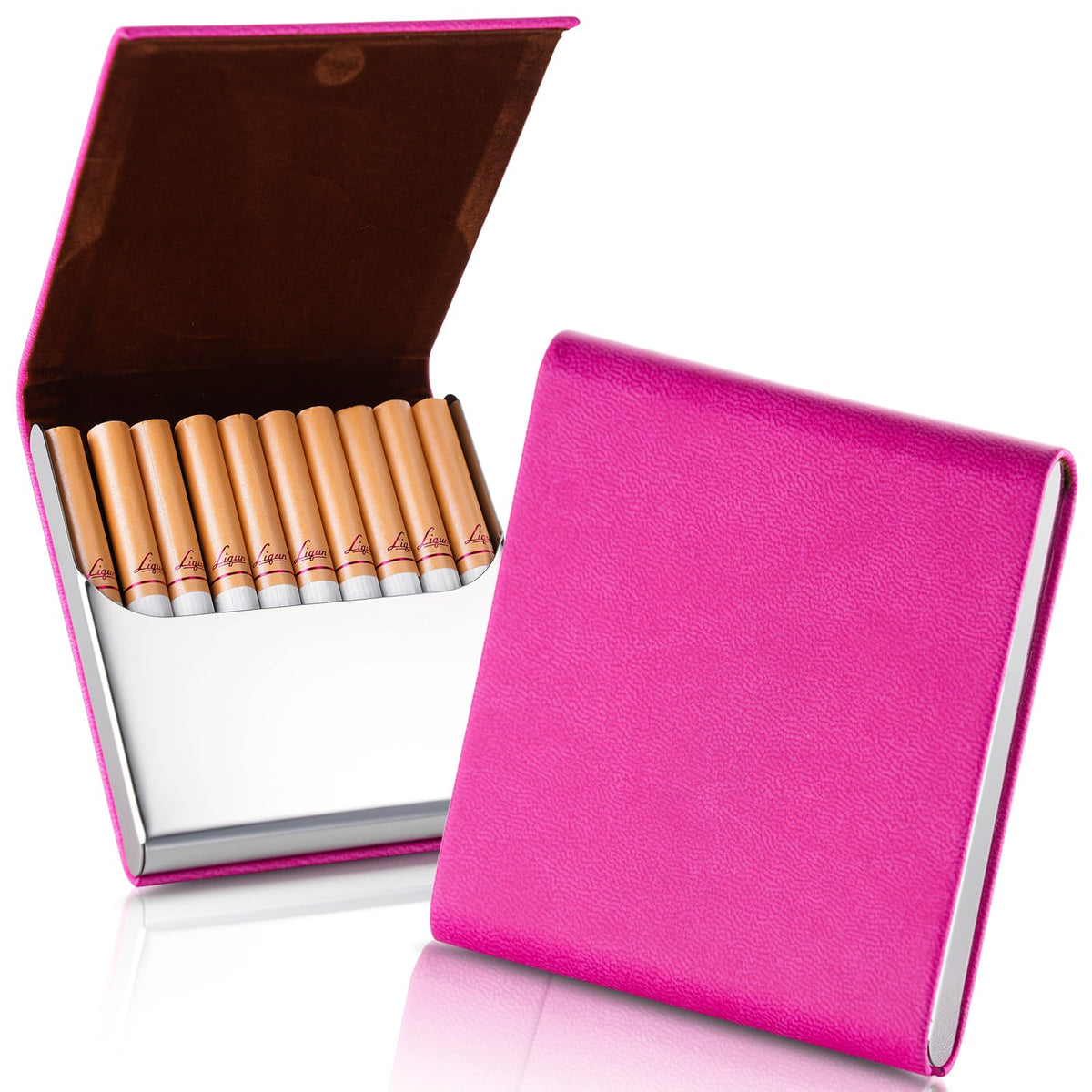 Portable Slim Leather Cigarette Case with Magnetic, Metal Cigarette Carrying Box for Hold 10 Regular Size Cigarettes, Ultra-Thin One-Hand Operate Cigarette Pocket for Men and Women -Navy Blue
