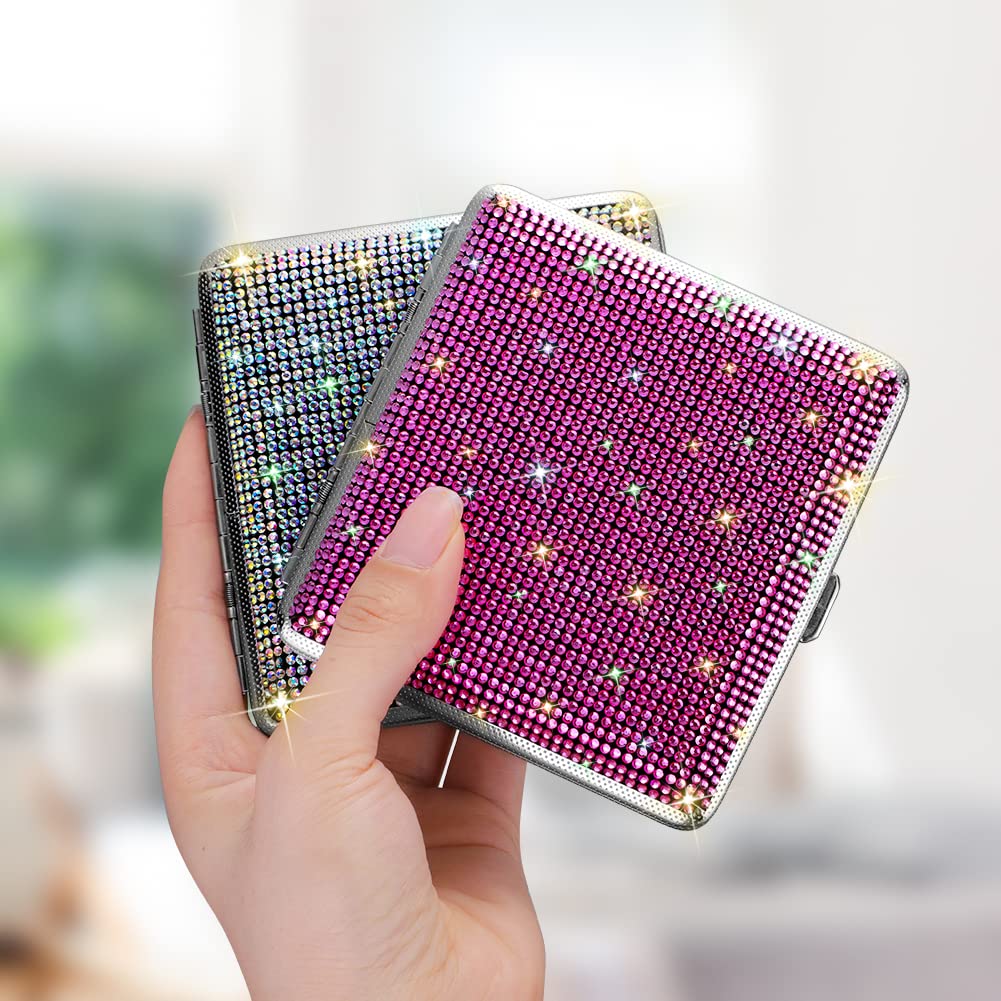 SAVORI Cigarette Case for Women Men, Metal Cigarette Holder Bling Crystal Double Sided Cigarette Box for 20 Cigarettes Gift for Smoker (AB)