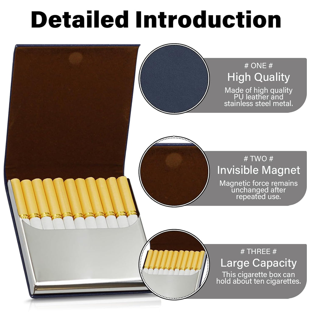Portable Slim Leather Cigarette Case with Magnetic, Metal Cigarette Carrying Box for Hold 10 Regular Size Cigarettes, Ultra-Thin One-Hand Operate Cigarette Pocket for Men and Women -Navy Blue