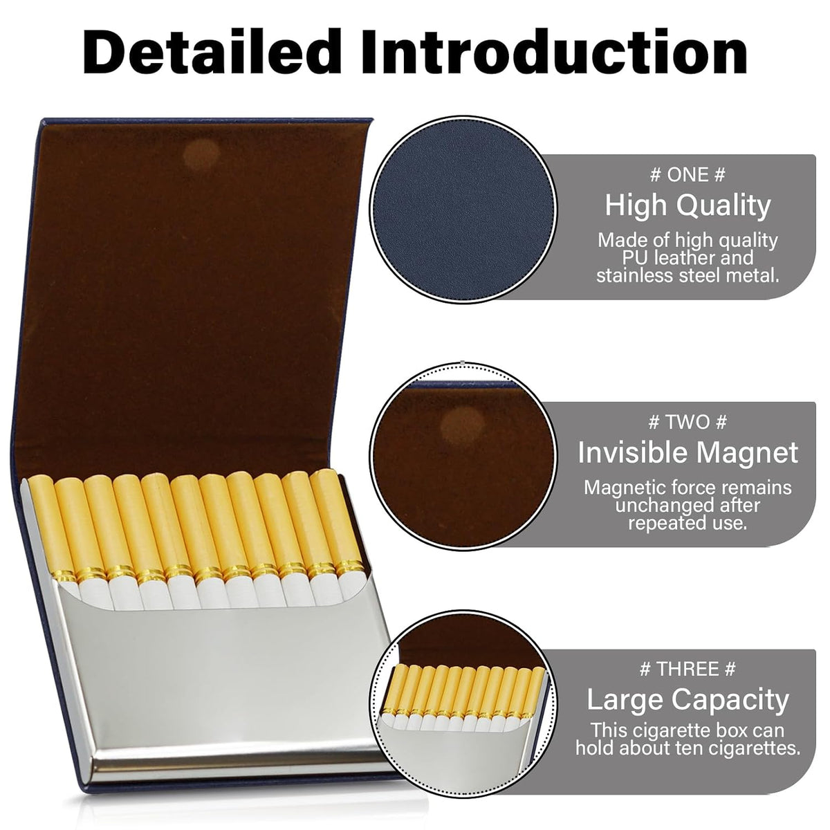 Portable Slim Leather Cigarette Case with Magnetic, Metal Cigarette Carrying Box for Hold 10 Regular Size Cigarettes, Ultra-Thin One-Hand Operate Cigarette Pocket for Men and Women -Navy Blue