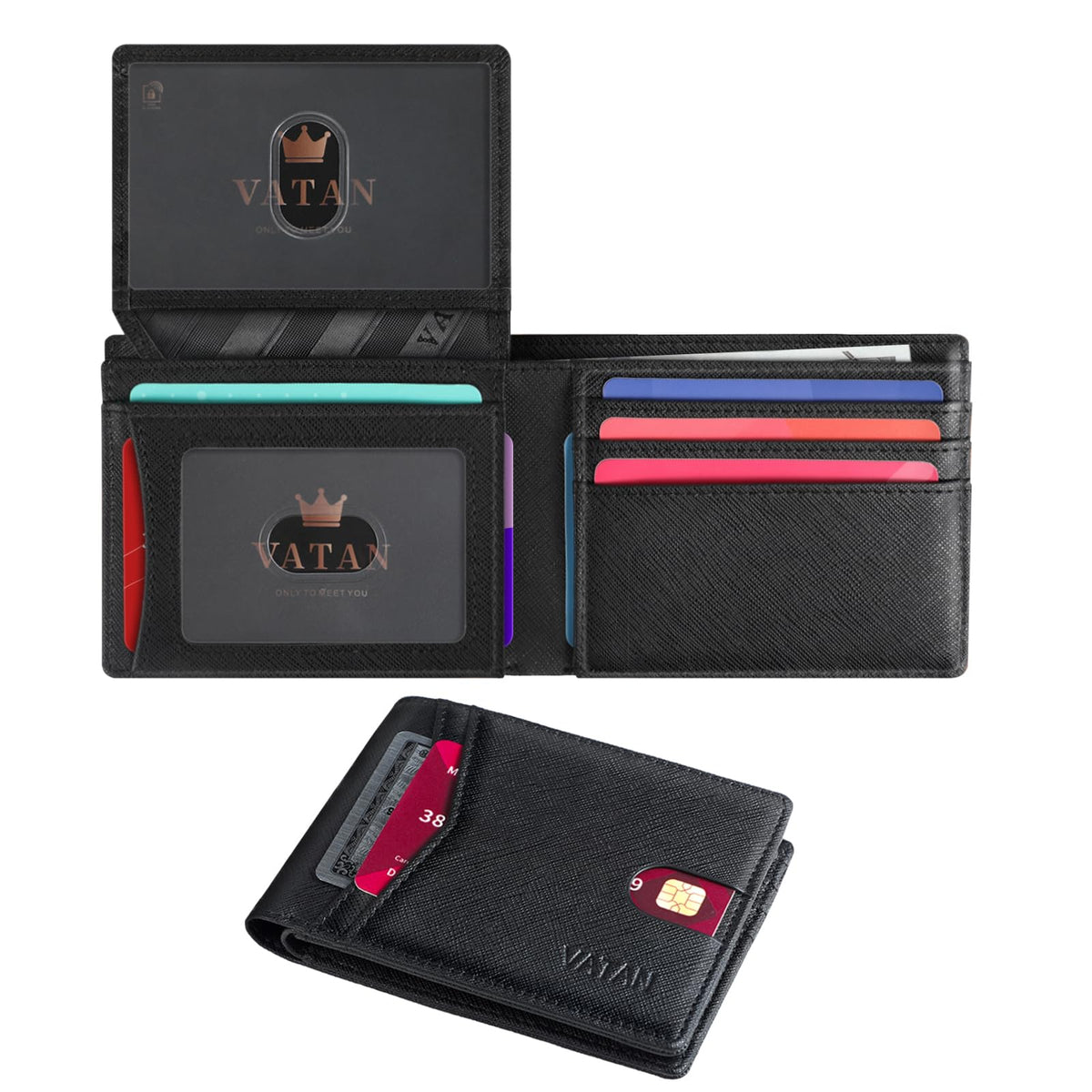 VATAN Wallet for Men Slim RFID Blocking Leather Credit Card Holder Wallet for 15 Cards, Bifold Minimalist Thin Wallet with 2 ID Windows & Cash Slot, With Gift Box (Carbon Fiber Black)