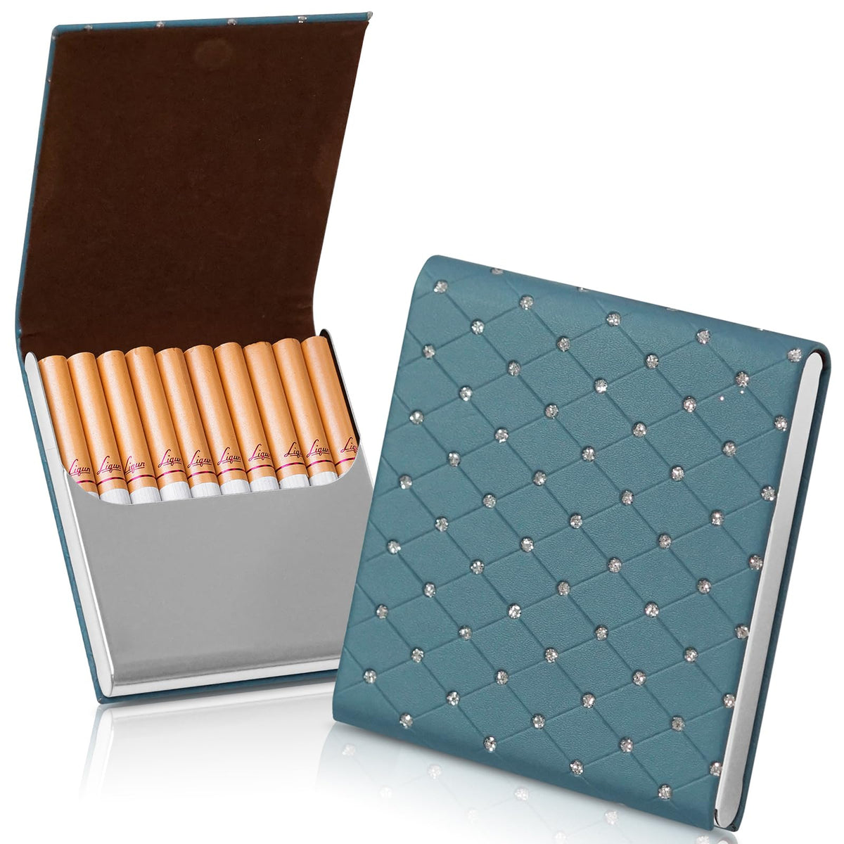 Portable Slim Leather Cigarette Case with Magnetic, Metal Cigarette Carrying Box for Hold 10 Regular Size Cigarettes, Ultra-Thin One-Hand Operate Cigarette Pocket for Men and Women -Navy Blue