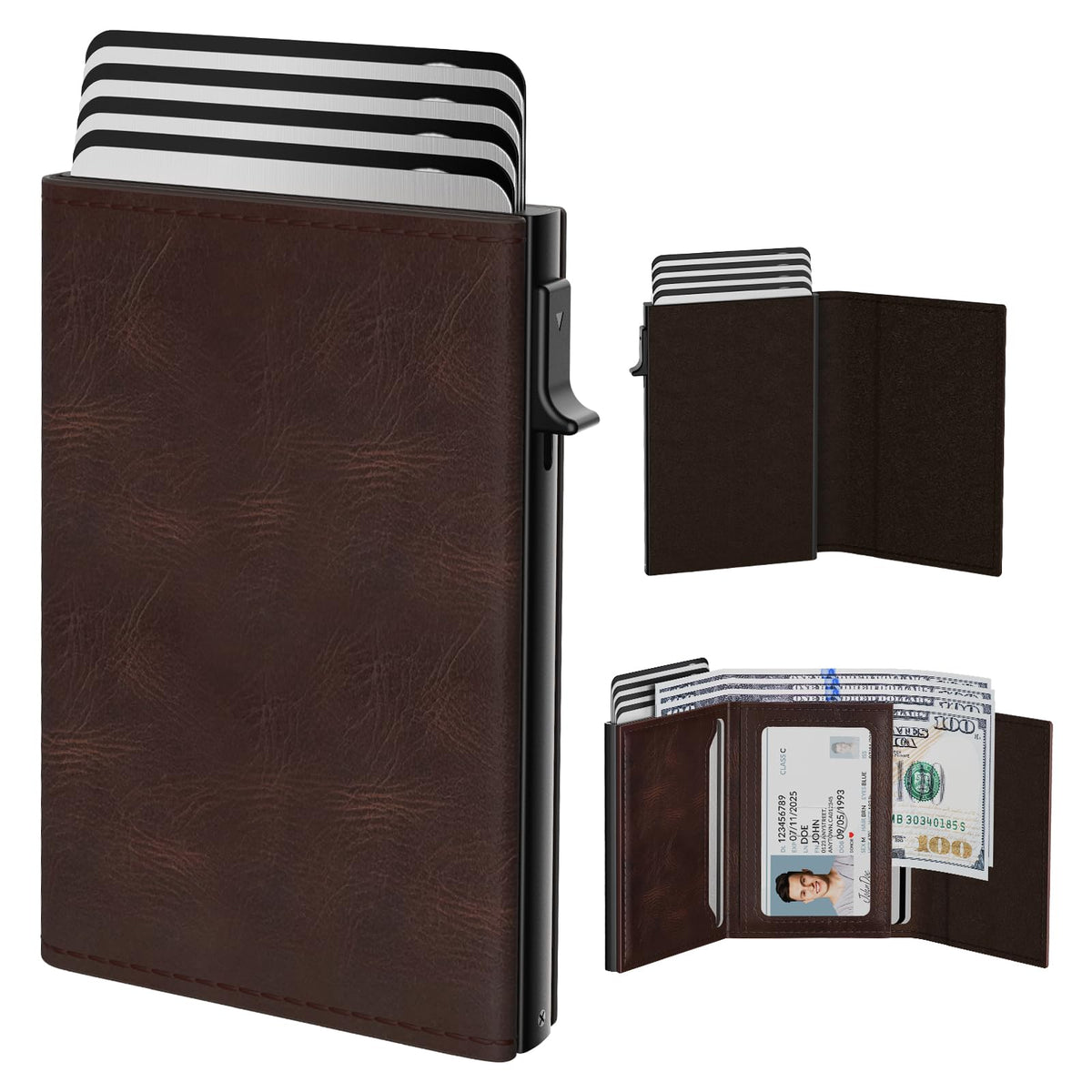 typecase Mens Wallet Card Holder: Pop Up Aluminum Case, Genuine Leather, Smart, RFID Blocking, Slim, Minimalist, Front Pocket - 9-14 Card Capacity | ID Window | Cash Slot (Carbon Fiber)