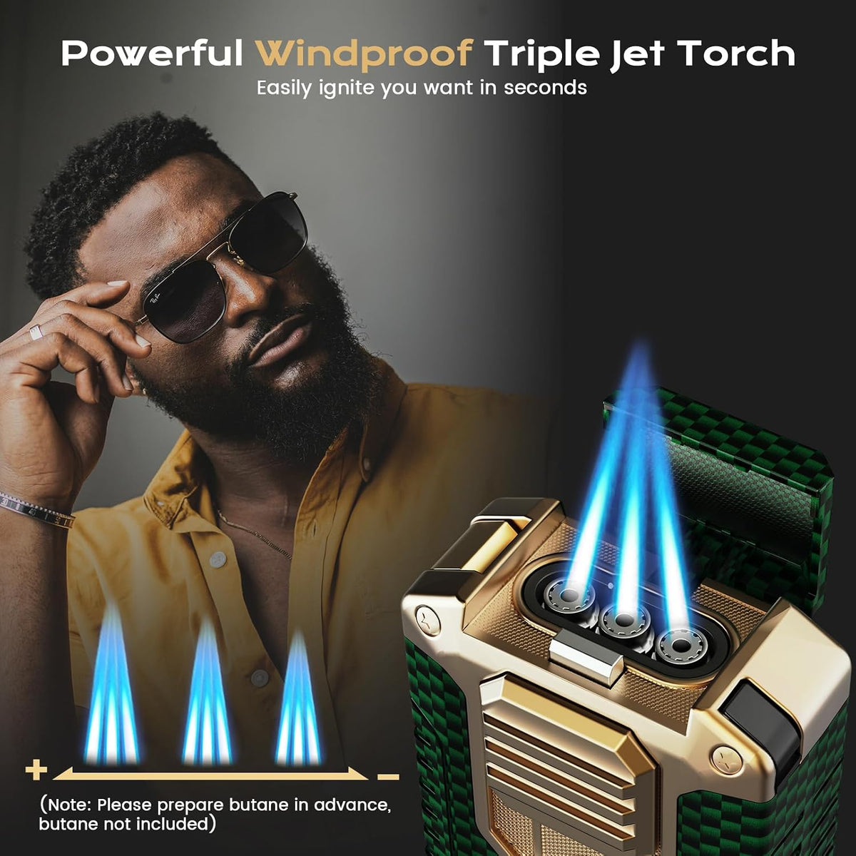 All-in-one Torch Lighter with V-Shape Shear, Punch, Needle, Holder and Triple Jet Flames, Butane Windproof Lighter for Candles, Outdoor, Versatile Accessories with Gift Box for Men (Without Butane)