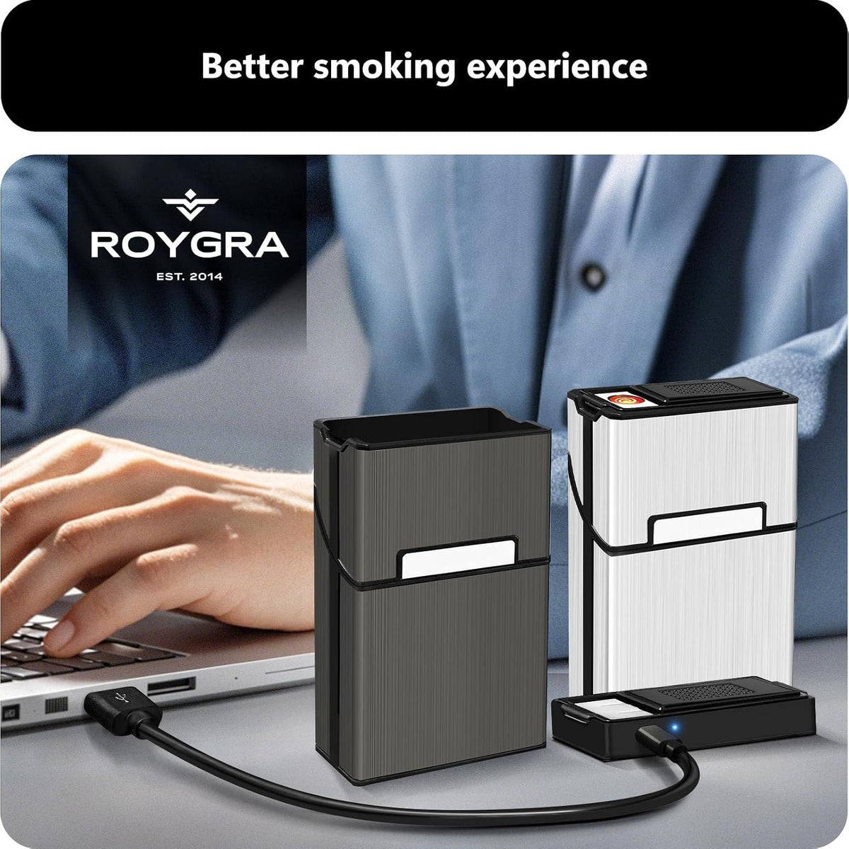 roygra Cigarette Case (2 Pack), Rechargeable Lighter and USB Charging Cable