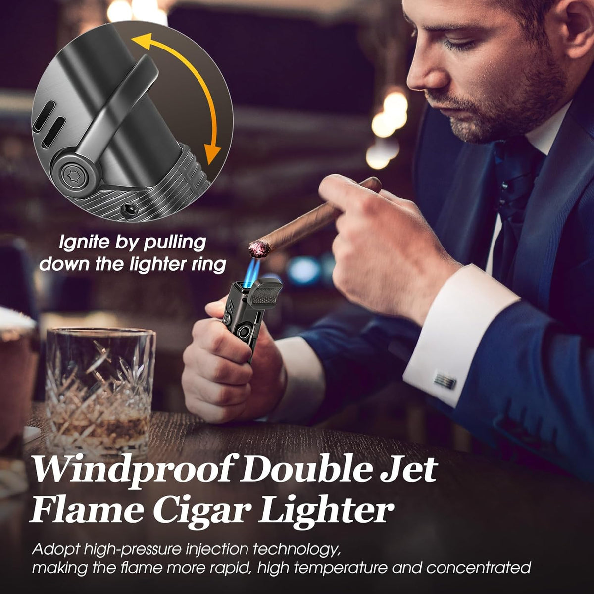 Tesonway Cigar Lighter, Windproof Refillable Butane Torch Lighter, Multifunction Cigar Accessories Butane Lighter with Cigar Holder, Cigar Draw Enhancer and Cigar Punch, Butane Not Included