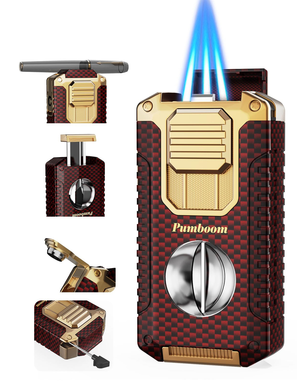 All-in-one Torch Lighter with V-Shape Shear, Punch, Needle, Holder and Triple Jet Flames, Butane Windproof Lighter for Candles, Outdoor, Versatile Accessories with Gift Box for Men (Without Butane)