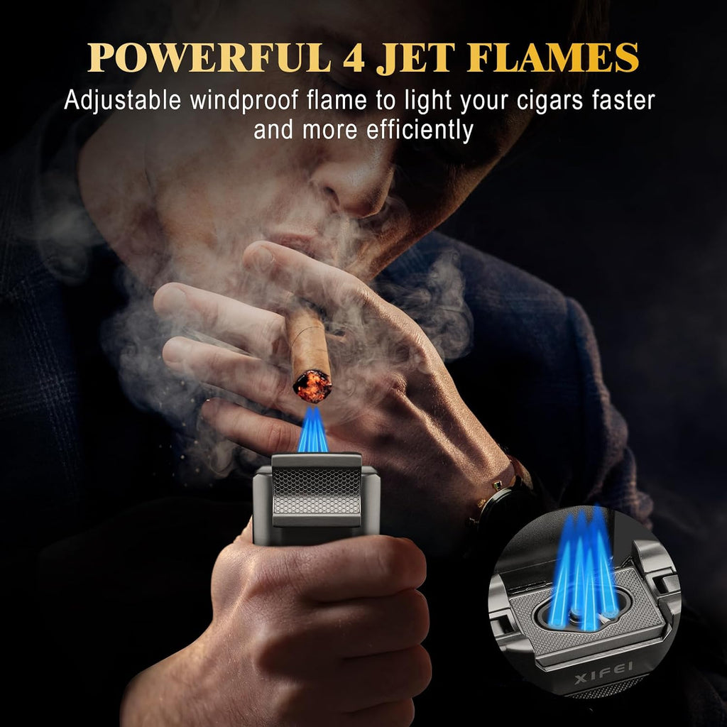XIFEI 6-in-1 Cigar Lighter, Desktop Torch Lighter with Straight Cut V-Cut Cigar Cutter, Dual Cigar Punch, Cigar Draw Enhancer, Cigar Holder, 4 Jet Flame Refillable Butane Lighter Gift for Men (Gray)