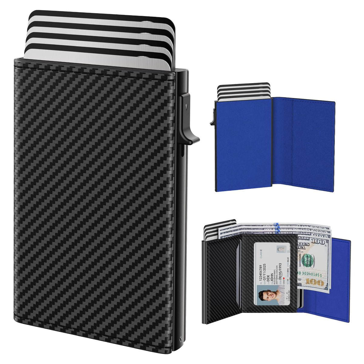 typecase Mens Wallet Card Holder: Pop Up Aluminum Case, Genuine Leather, Smart, RFID Blocking, Slim, Minimalist, Front Pocket - 9-14 Card Capacity | ID Window | Cash Slot (Carbon Fiber)