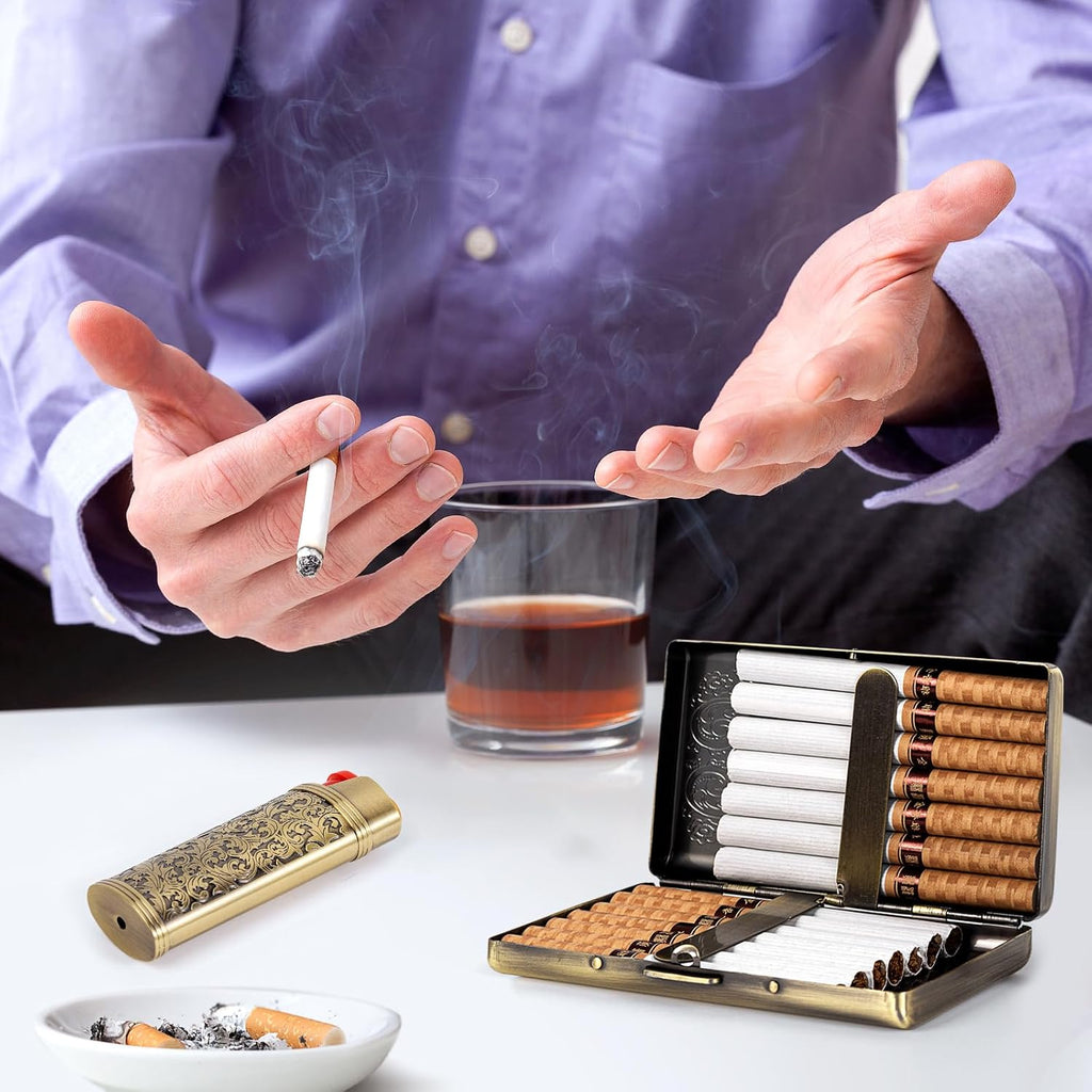 Vintage Metal Cigarette case with J6 Lighter, Holds 12pcs 100s Cigarettes, Can Also Be Used for RFID Credit Card and Cash Organizer (Bronze, 12pcs 100's)