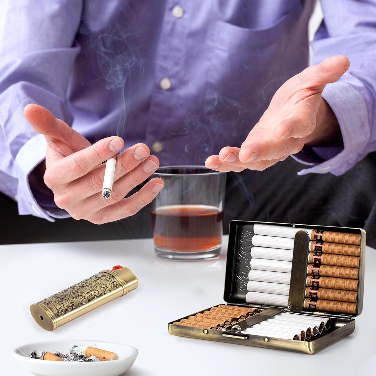 Vintage Metal Cigarette case with J6 Lighter, Holds 12pcs 100s Cigarettes, Can Also Be Used for RFID Credit Card and Cash Organizer (Bronze, 12pcs 100's)