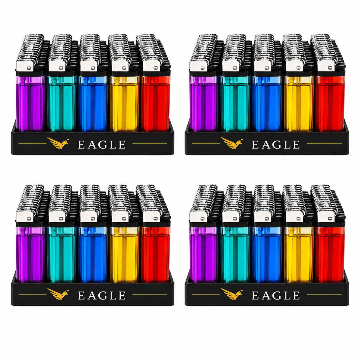 Eagle 50 Count Disposable Lighters, Assorted Color Utility Pack with Display Tray, Transparent Body for Home, BBQ, Camping, Candles & Emergency Kit
