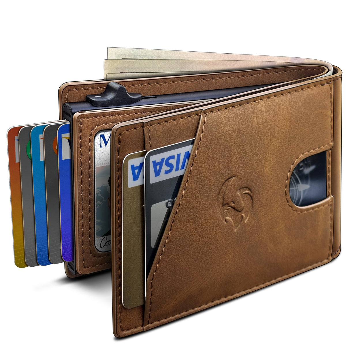 Wallet for Men, Slim Pop Up Card Holder with RFID Blocking, Minimalist Bifold Wallet with 9 Card Slots, ID Window and Cash Pocket, Metal Flip Case with Magnetic Closure, Gift Box
