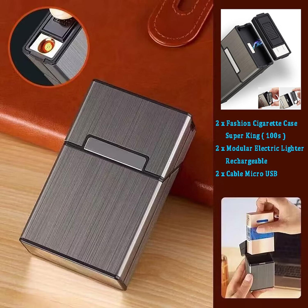 Cigarette Case with Lighter 100's King Size 20pcs Cigarettes 2 Pack Rechargeable Flameless Windproof Electric Lighter Makeup Mirror