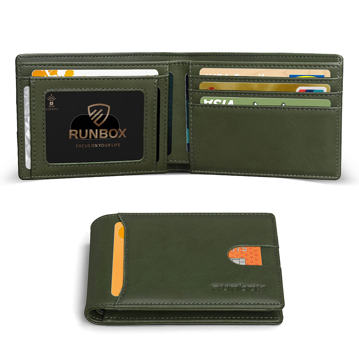 RUNBOX Wallet for Men, Slim Leather Bifold, RFID Blocking Card Holder