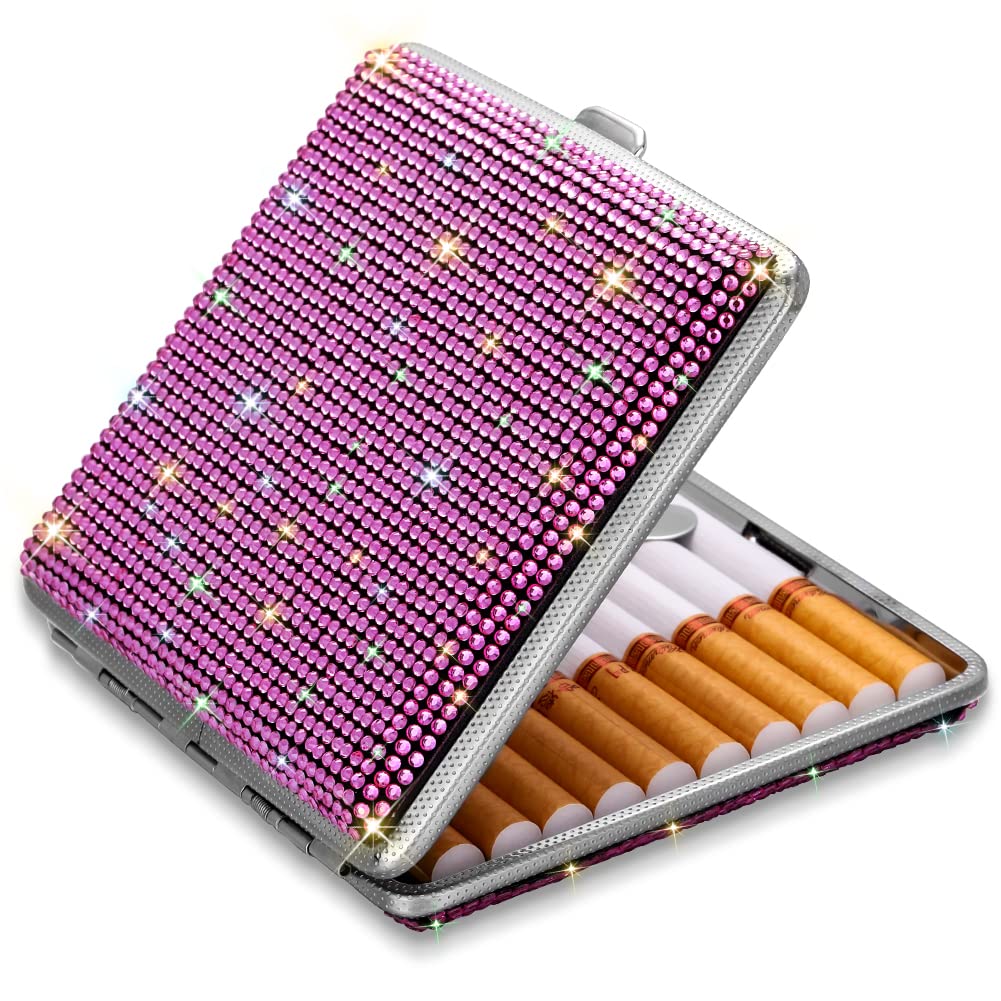 SAVORI Cigarette Case for Women Men, Metal Cigarette Holder Bling Crystal Double Sided Cigarette Box for 20 Cigarettes Gift for Smoker (AB)