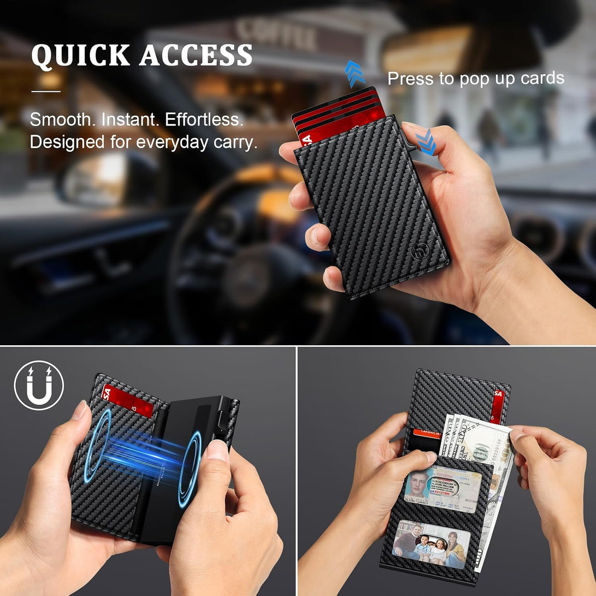 Minimalist Wallet for Men, RFID Blocking Pop Up Wallet with 2 ID Windows
