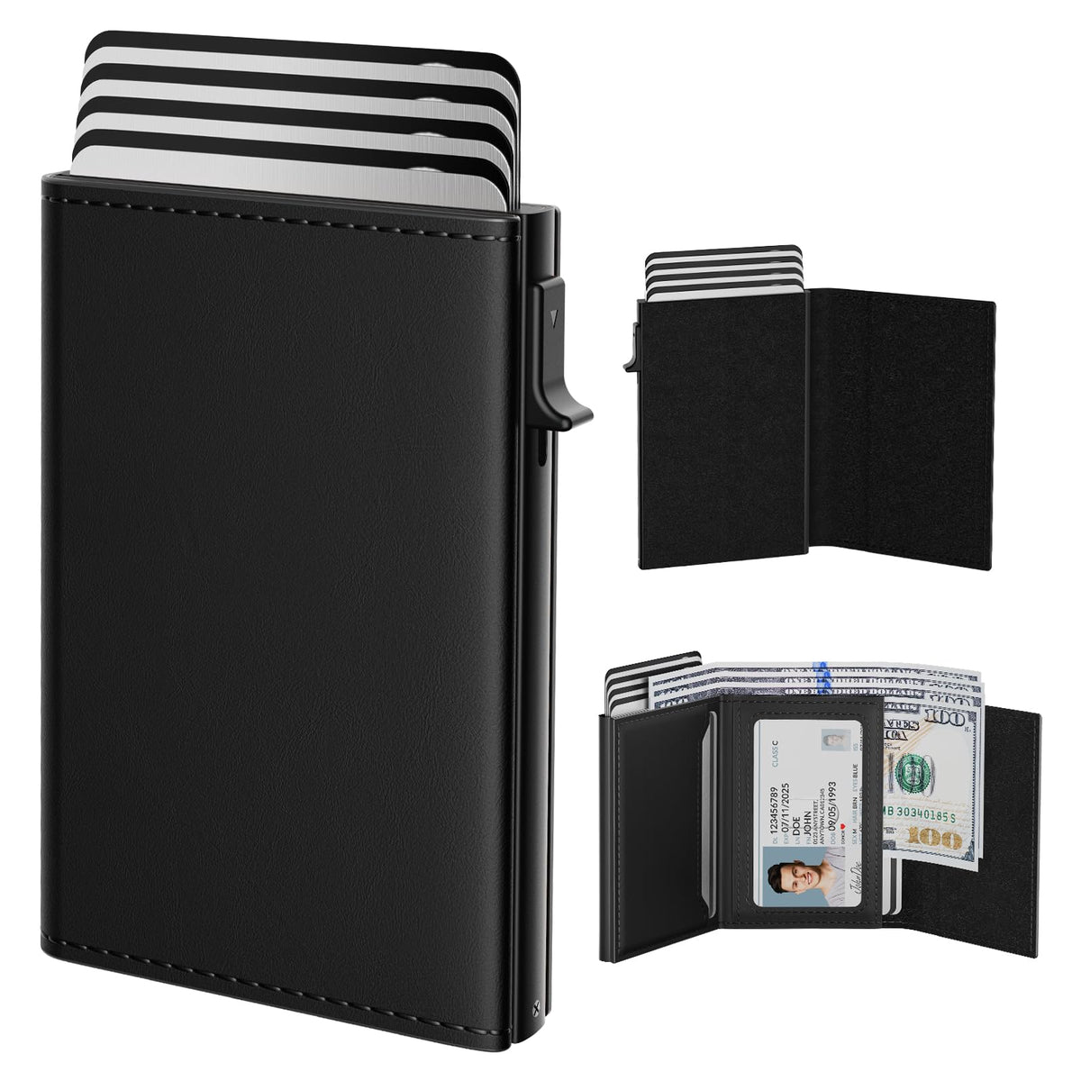 typecase Mens Wallet Card Holder: Pop Up Aluminum Case, Genuine Leather, Smart, RFID Blocking, Slim, Minimalist, Front Pocket - 9-14 Card Capacity | ID Window | Cash Slot (Carbon Fiber)