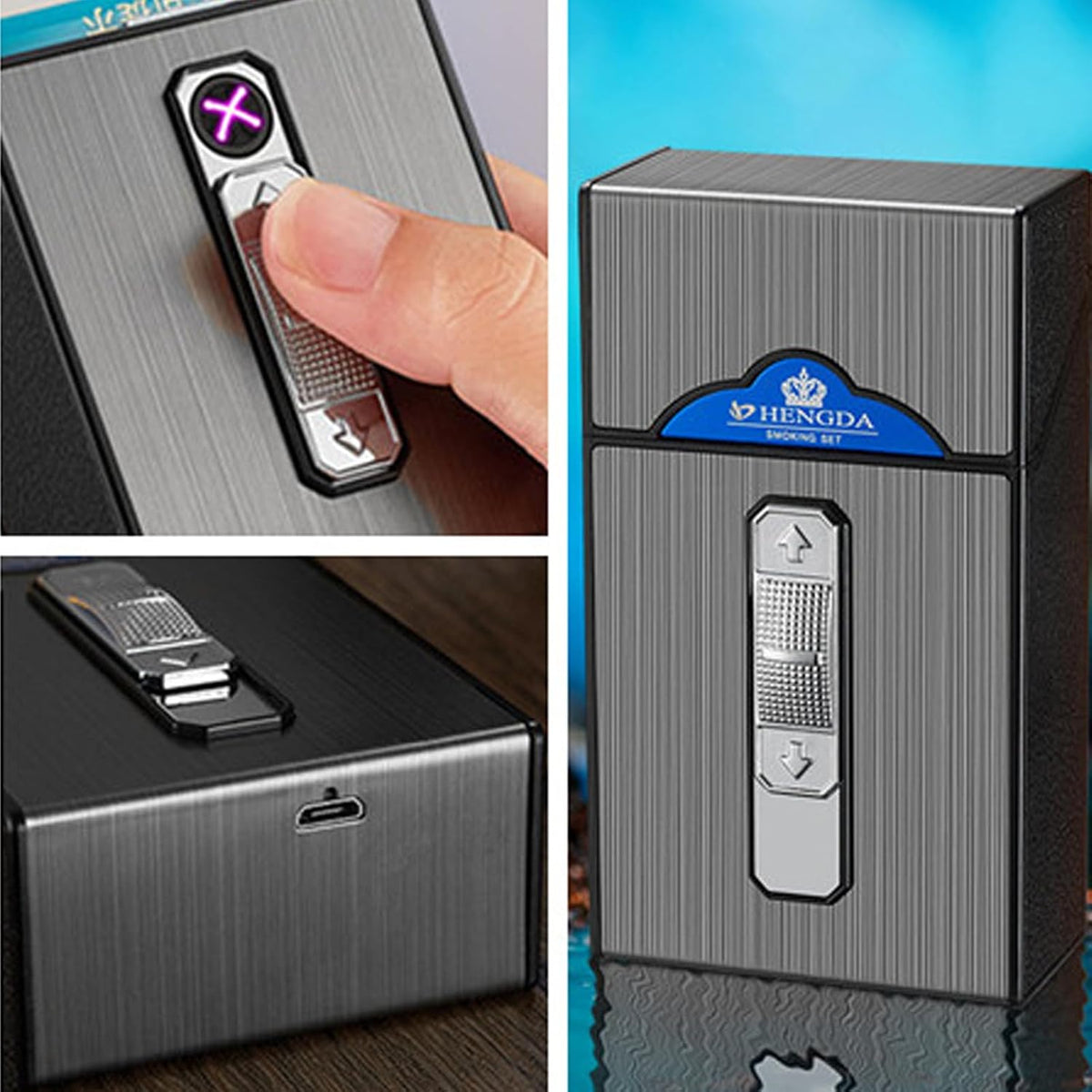 Cigarette Case with Dual Arc Lighter USB Rechargeable, Cigarettes Box Holder King Size Portable Pack Hold 20 Regular Size Cigarettes (Black)