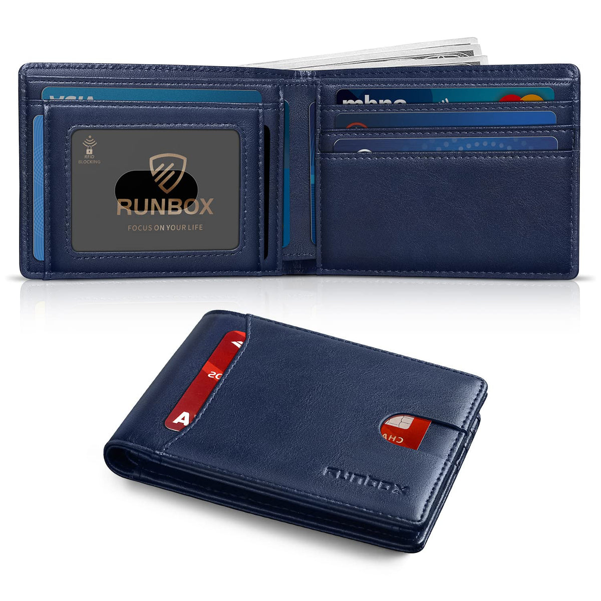 RUNBOX Wallet for Men, Slim Leather Bifold, RFID Blocking Card Holder