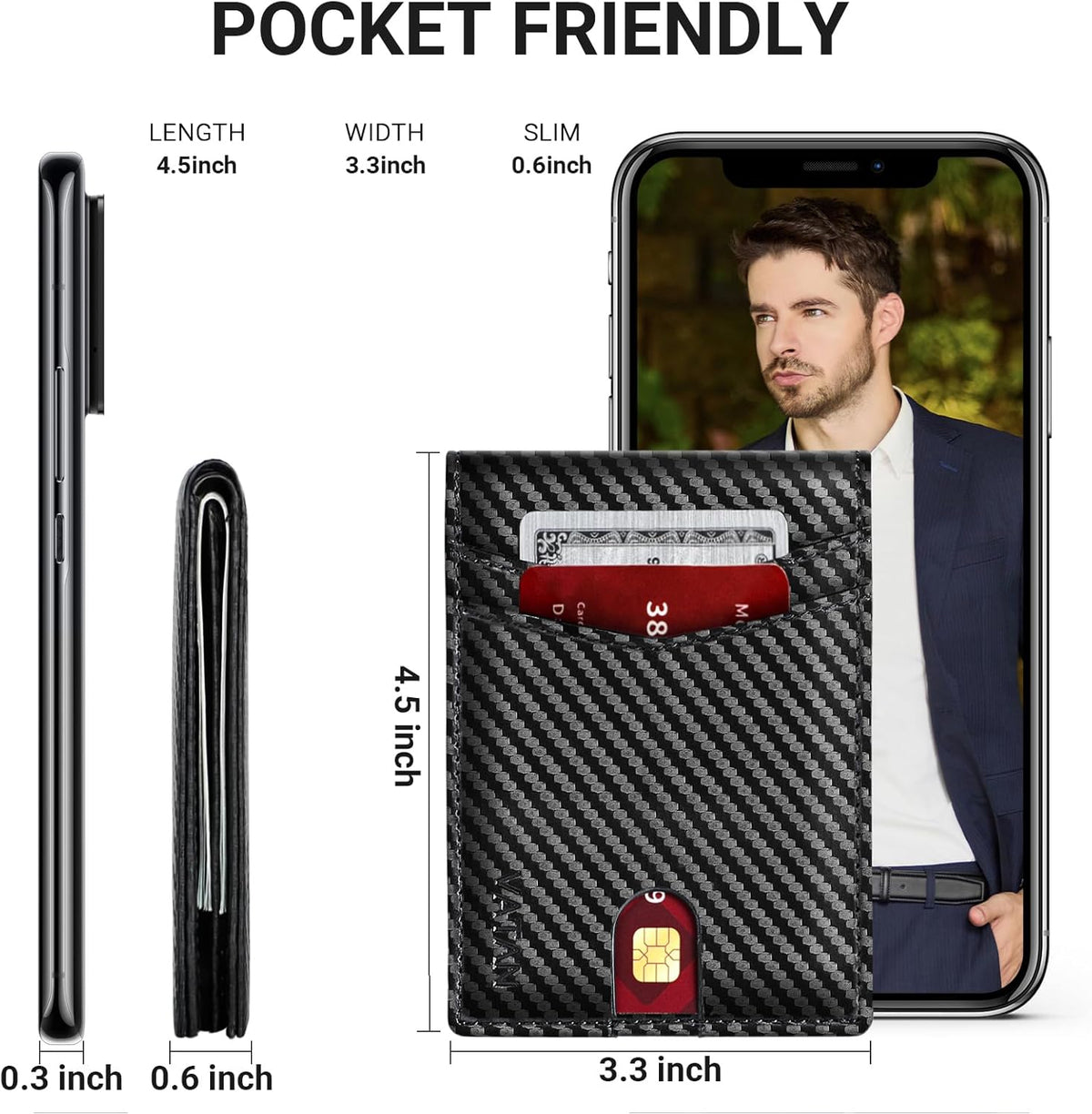 VATAN Wallet for Men Slim RFID Blocking Leather Credit Card Holder Wallet for 15 Cards, Bifold Minimalist Thin Wallet with 2 ID Windows & Cash Slot, With Gift Box (Carbon Fiber Black)