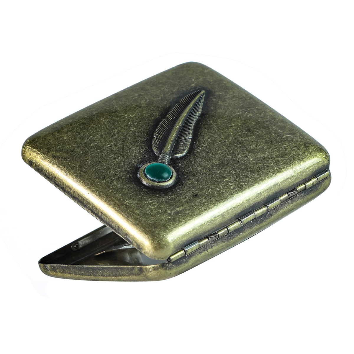 Vintage Metal Case - Retro Holder Case with Exquisite Carved Feather and Emerald Gemstone Embellishments - Minimalist Storage Case for Women Men, Holds 14 to 20, up to 84mm, Bronze, Feather