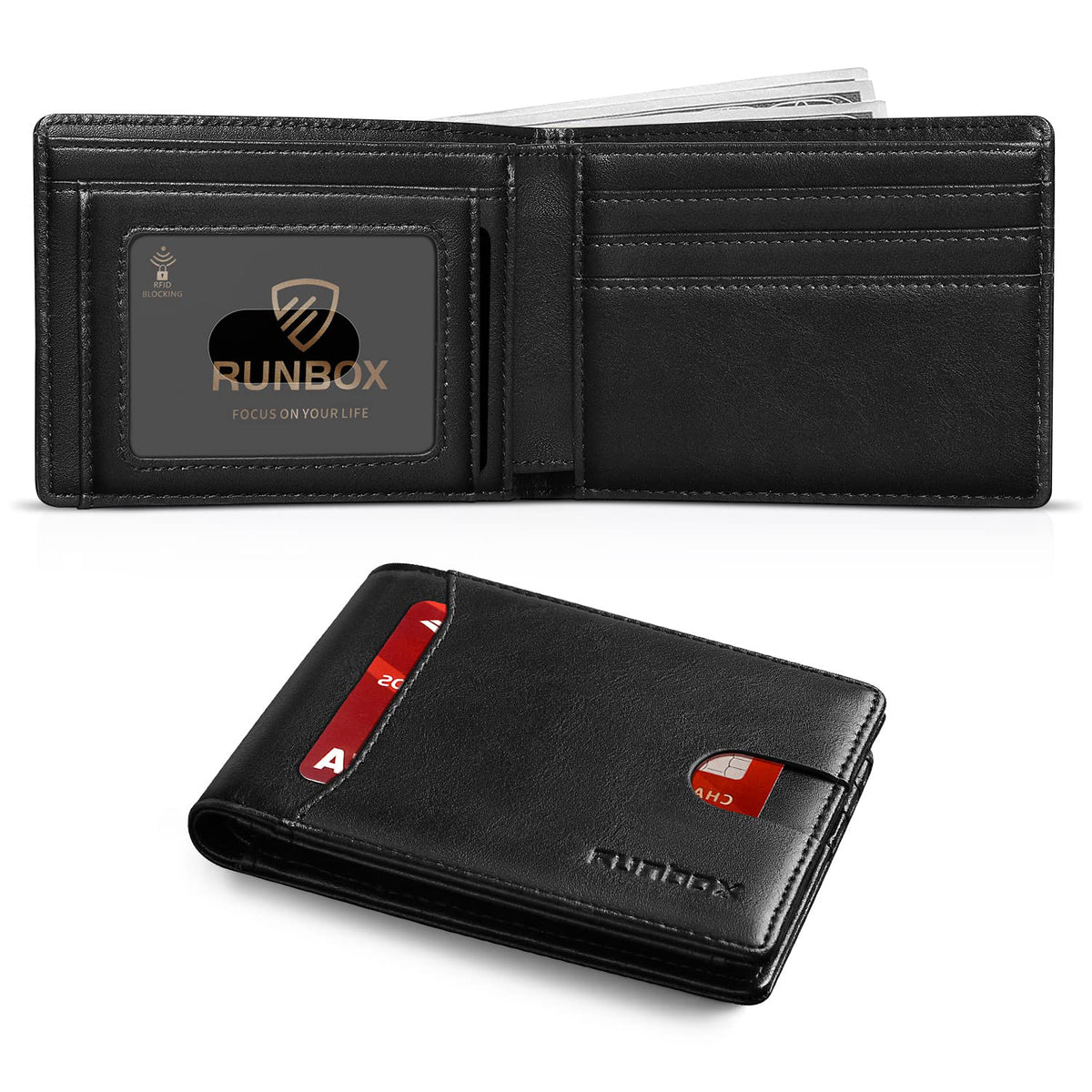 RUNBOX Wallet for Men, Slim Leather Bifold, RFID Blocking Card Holder