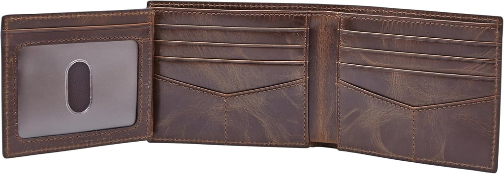 Fossil Men's Wallet, Derrick Leather RFID-Blocking Wallet, Bifold with Flip ID, Dark Brown