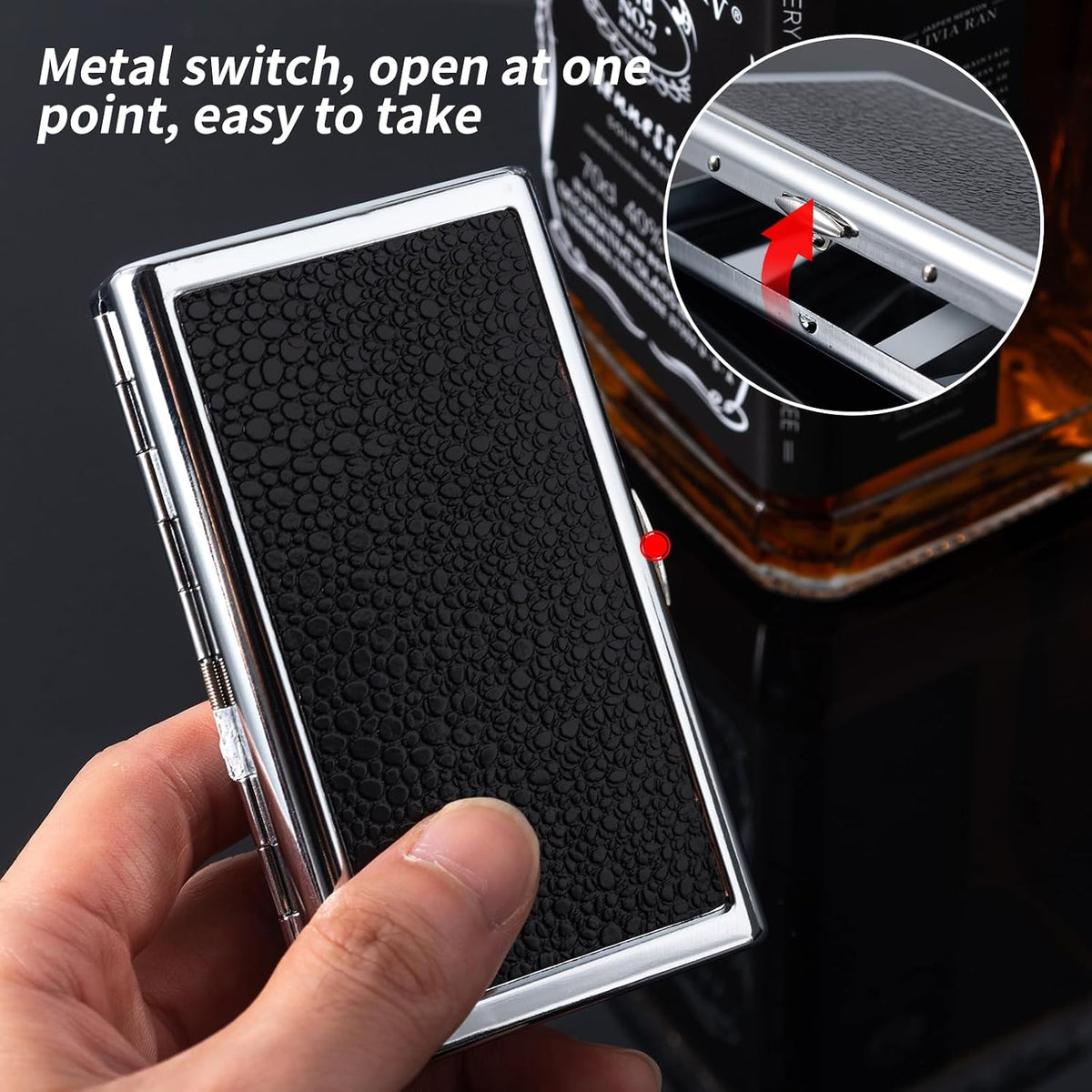 Metal Case, Silver Plated Metal,14 Capacity，Black Leather on Front and Back(100mm King Size,Black)