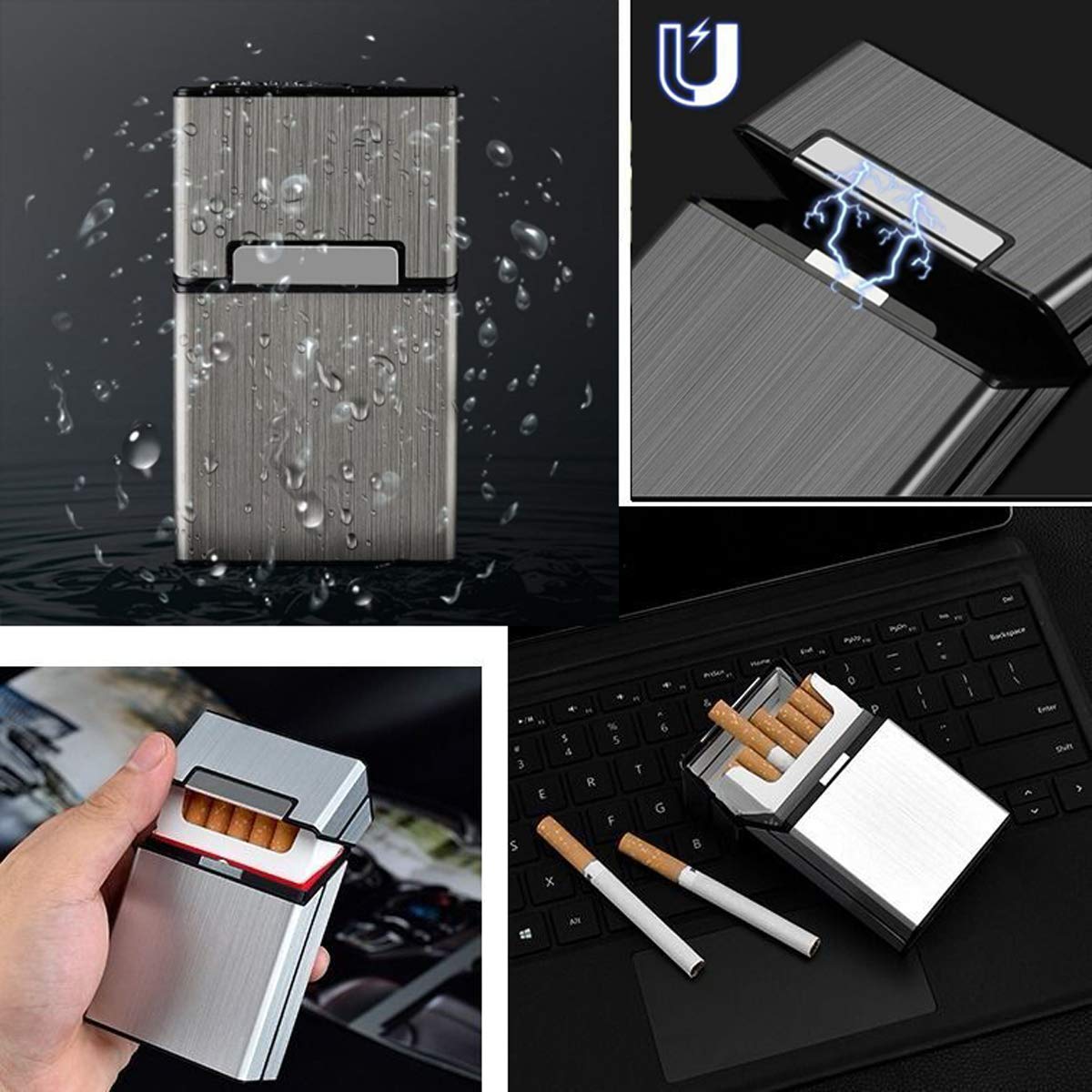 Cigarette Case Brushed Metal Cigarette Case with Magnetic Switch Flip Closure,20 Capacity (2 Pack,85mm, Rose Red + Gray)…