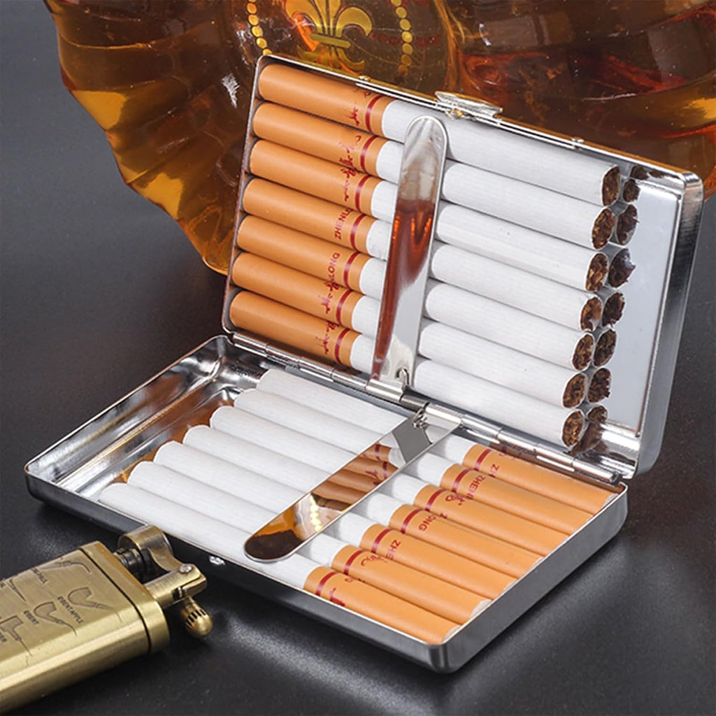 Cigarette Case Metal Holder for Regular King and 100's Size Can Hold 14 Cigarettes Double Sided Spring Clip Box Holds up to 80-100's Flip Open Pocket Bank Card case Cash Box(Silver， 100mm King Size)