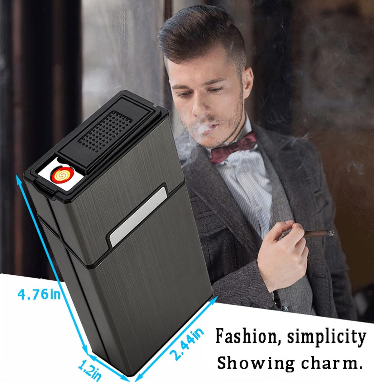 Cigarette Case with Lighter 100's King Size 20pcs Cigarettes 2 Pack Rechargeable Flameless Windproof Electric Lighter Makeup Mirror