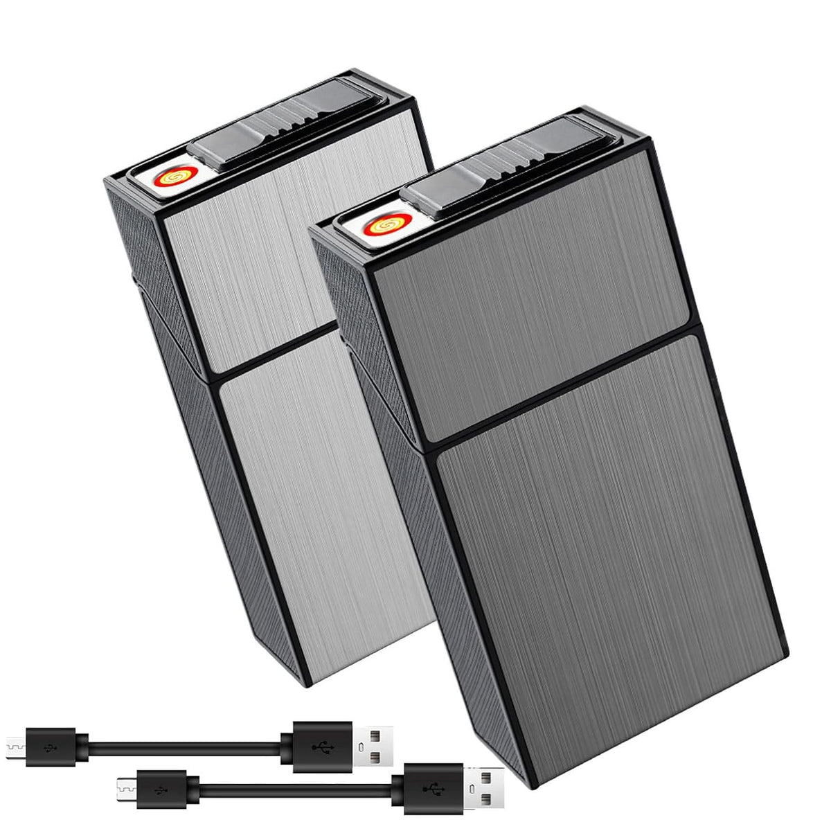 Cigarette Case for for 100mm 100’s King Size Hold 20 Regular Size Cigarettes with Tungsten Coil Lighter USB Rechargeable 2Pack (Gray+Silver, 100mm)