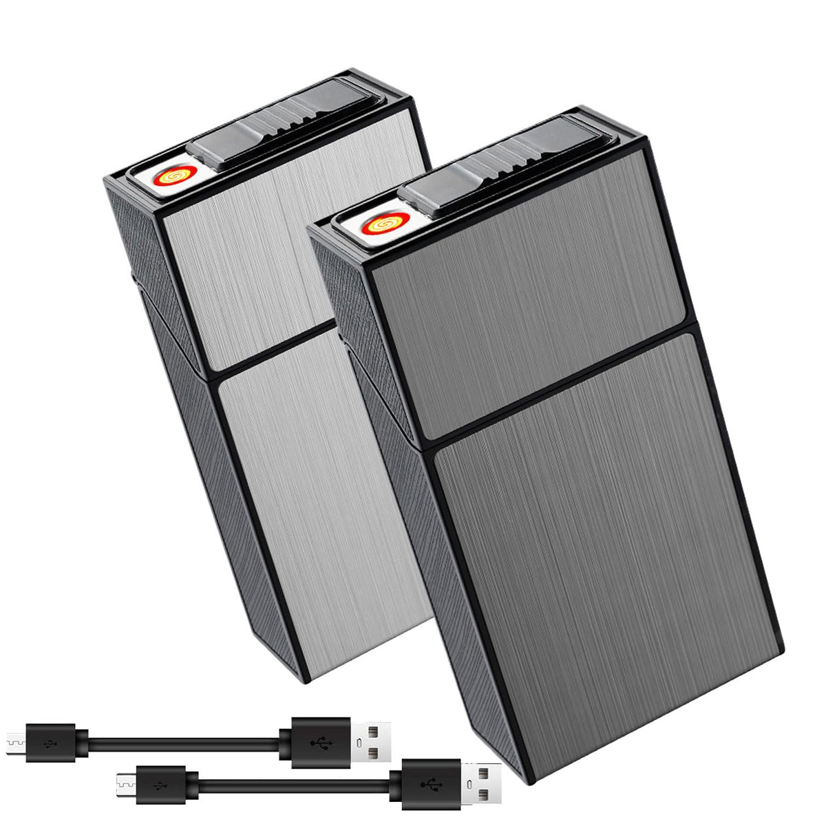 Cigarette Case for for 100mm 100’s King Size Hold 20 Regular Size Cigarettes with Tungsten Coil Lighter USB Rechargeable 2Pack (Gray+Silver, 100mm)