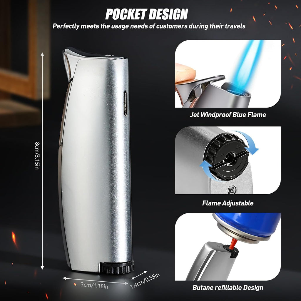Butane Torch Lighter, Windproof Jet Flame Refillable Adjustable for Candles, BBQ, Camping, Fireworks, Fireplace & Gas Stove, Daily Use, Great Gift, 2 Pack (Satin Silver, Butane Not Included)
