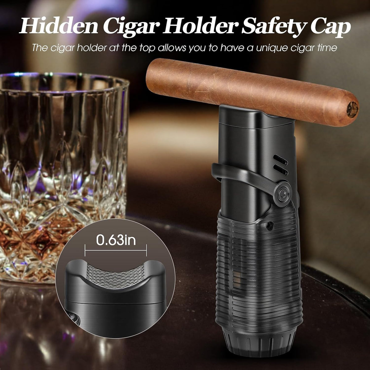 Tesonway Cigar Lighter, Windproof Refillable Butane Torch Lighter, Multifunction Cigar Accessories Butane Lighter with Cigar Holder, Cigar Draw Enhancer and Cigar Punch, Butane Not Included