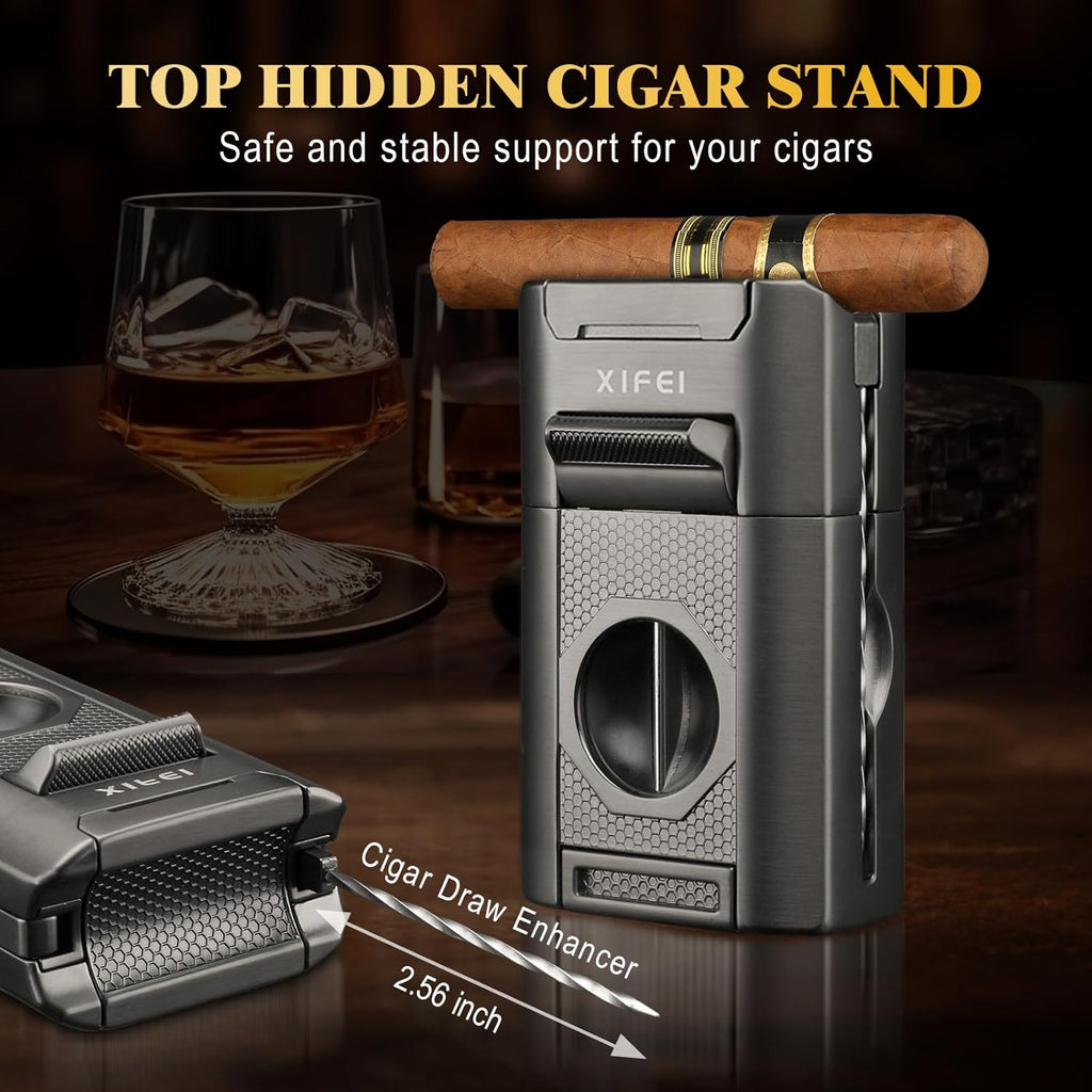 XIFEI 6-in-1 Cigar Lighter, Desktop Torch Lighter with Straight Cut V-Cut Cigar Cutter, Dual Cigar Punch, Cigar Draw Enhancer, Cigar Holder, 4 Jet Flame Refillable Butane Lighter Gift for Men (Gray)