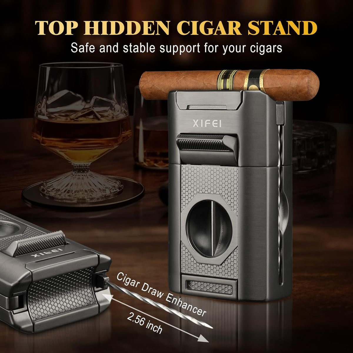 XIFEI 6-in-1 Cigar Lighter, Desktop Torch Lighter with Straight Cut V-Cut Cigar Cutter, Dual Cigar Punch, Cigar Draw Enhancer, Cigar Holder, 4 Jet Flame Refillable Butane Lighter Gift for Men (Gray)