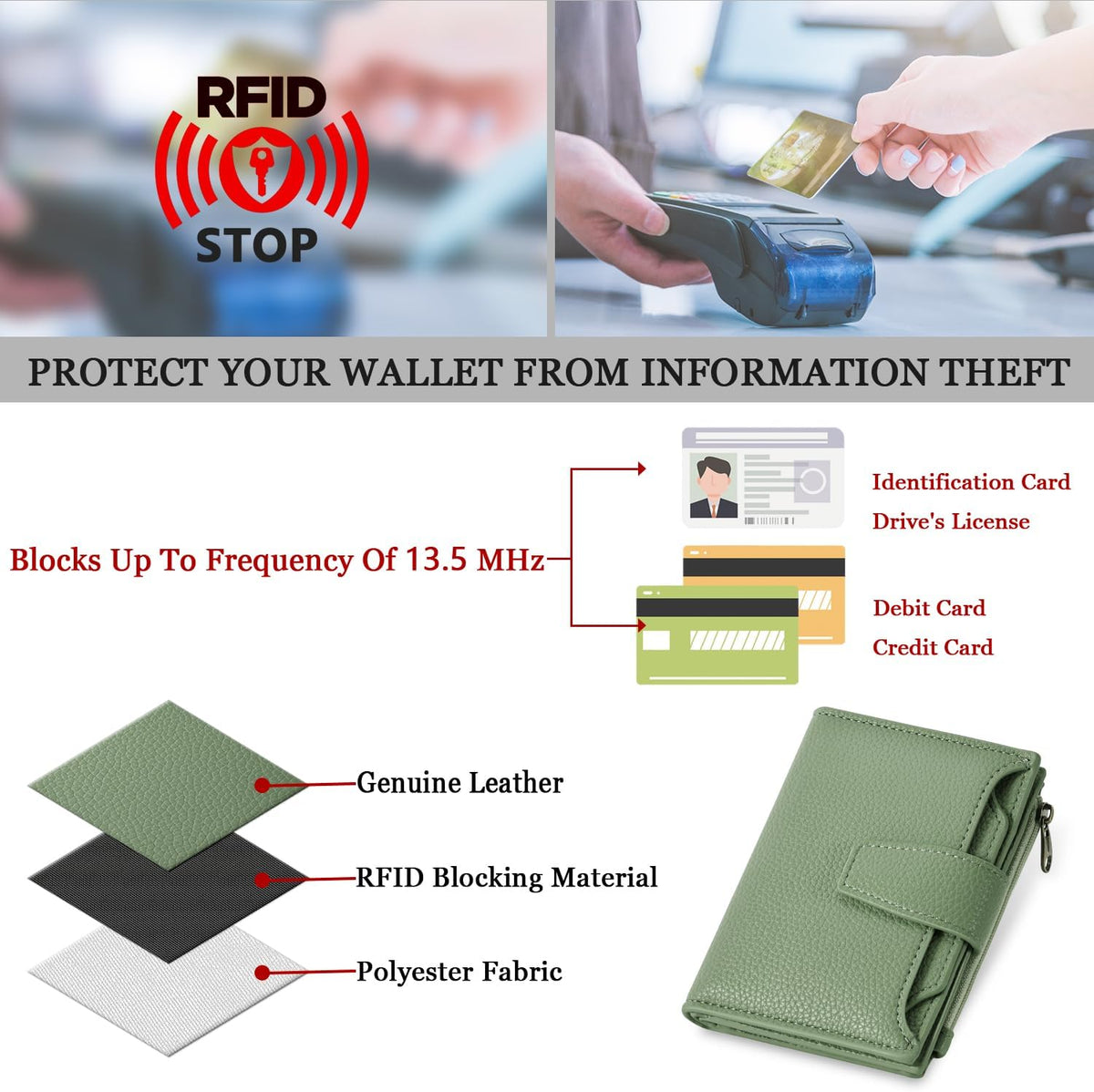 Airkit Small Wallet Women RFID Blocking Soft Leather Bifold Compact Card Holder Wallet for Women with Zipper Coin Pocket 4 ID Window