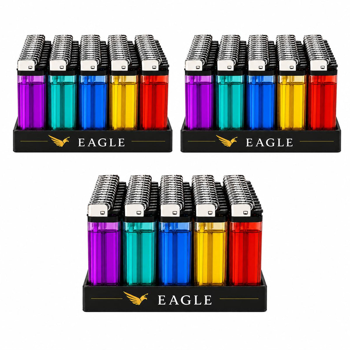 Eagle 50 Count Disposable Lighters, Assorted Color Utility Pack with Display Tray, Transparent Body for Home, BBQ, Camping, Candles & Emergency Kit