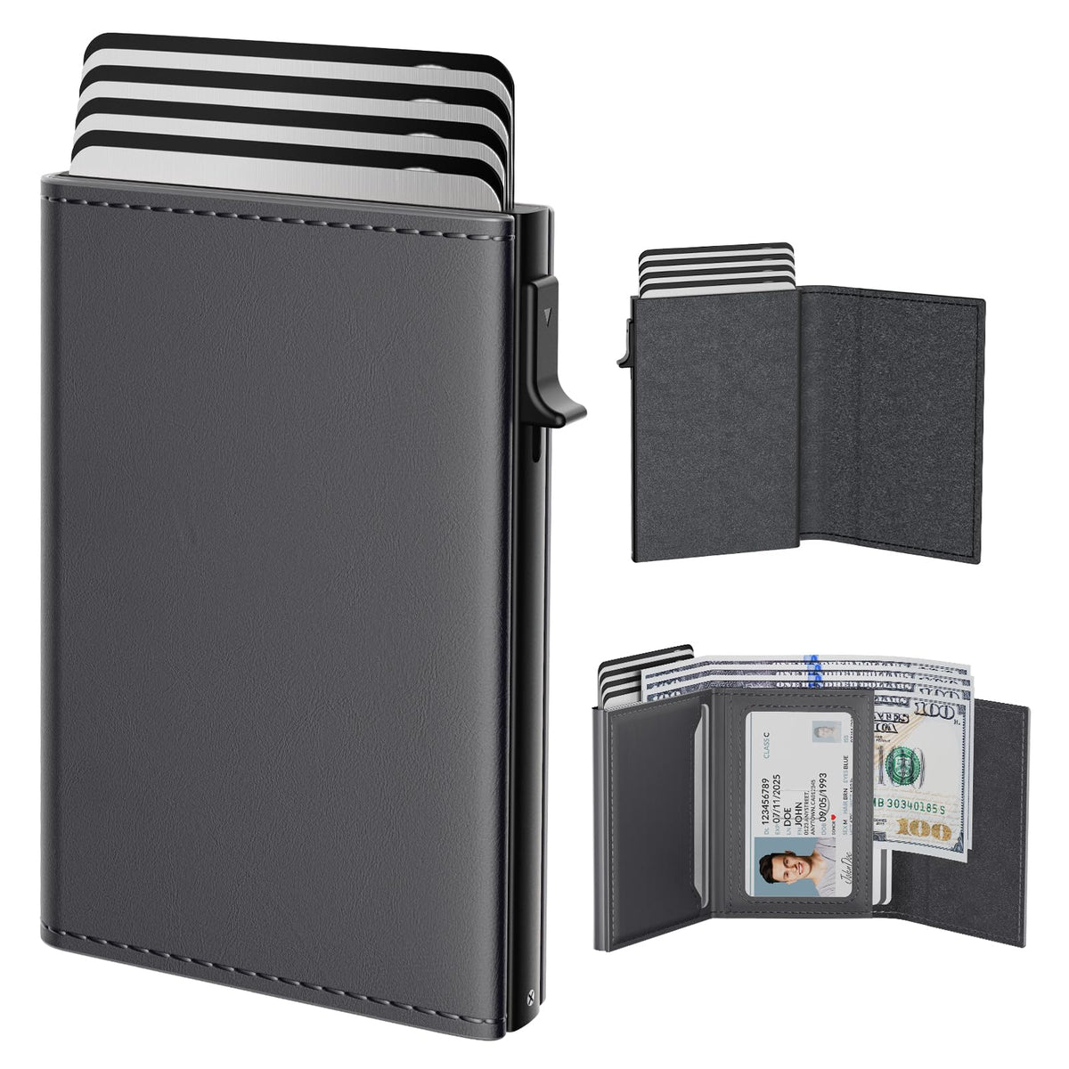 typecase Mens Wallet Card Holder: Pop Up Aluminum Case, Genuine Leather, Smart, RFID Blocking, Slim, Minimalist, Front Pocket - 9-14 Card Capacity | ID Window | Cash Slot (Carbon Fiber)