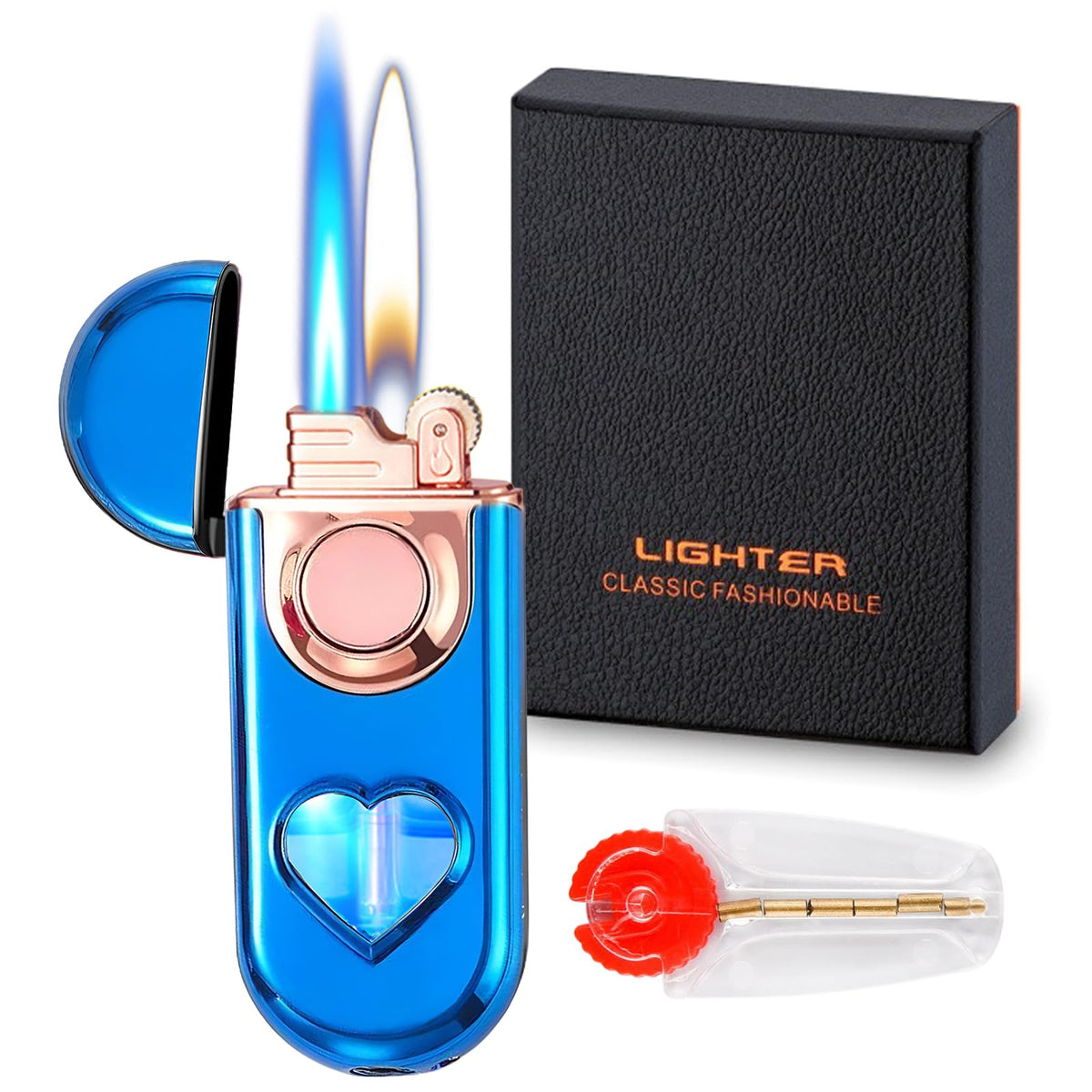 Torch Lighter, Dual Flame Lighter with 6pcs Flint Stone, Windproof Lighter With Visible Gas Window, Cool Adjustable Soft Flame and Jet Flame 2 in1,Refillable Butane Lighter for Outdoor Indoor-Gradient
