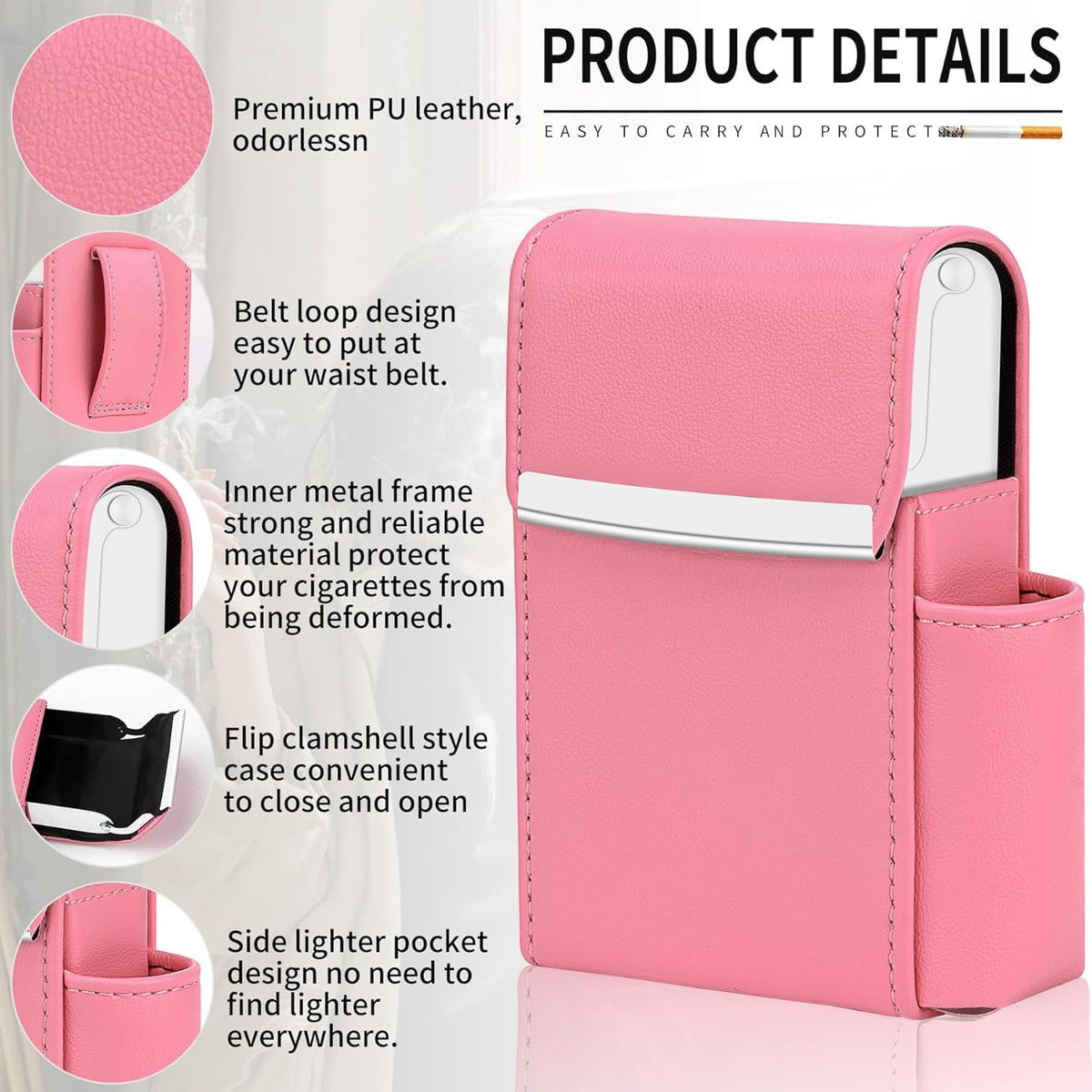 PU Leather Sliding Cigarette Box Case with Lighter Holder and Belt Loop for Men and Women Unisex