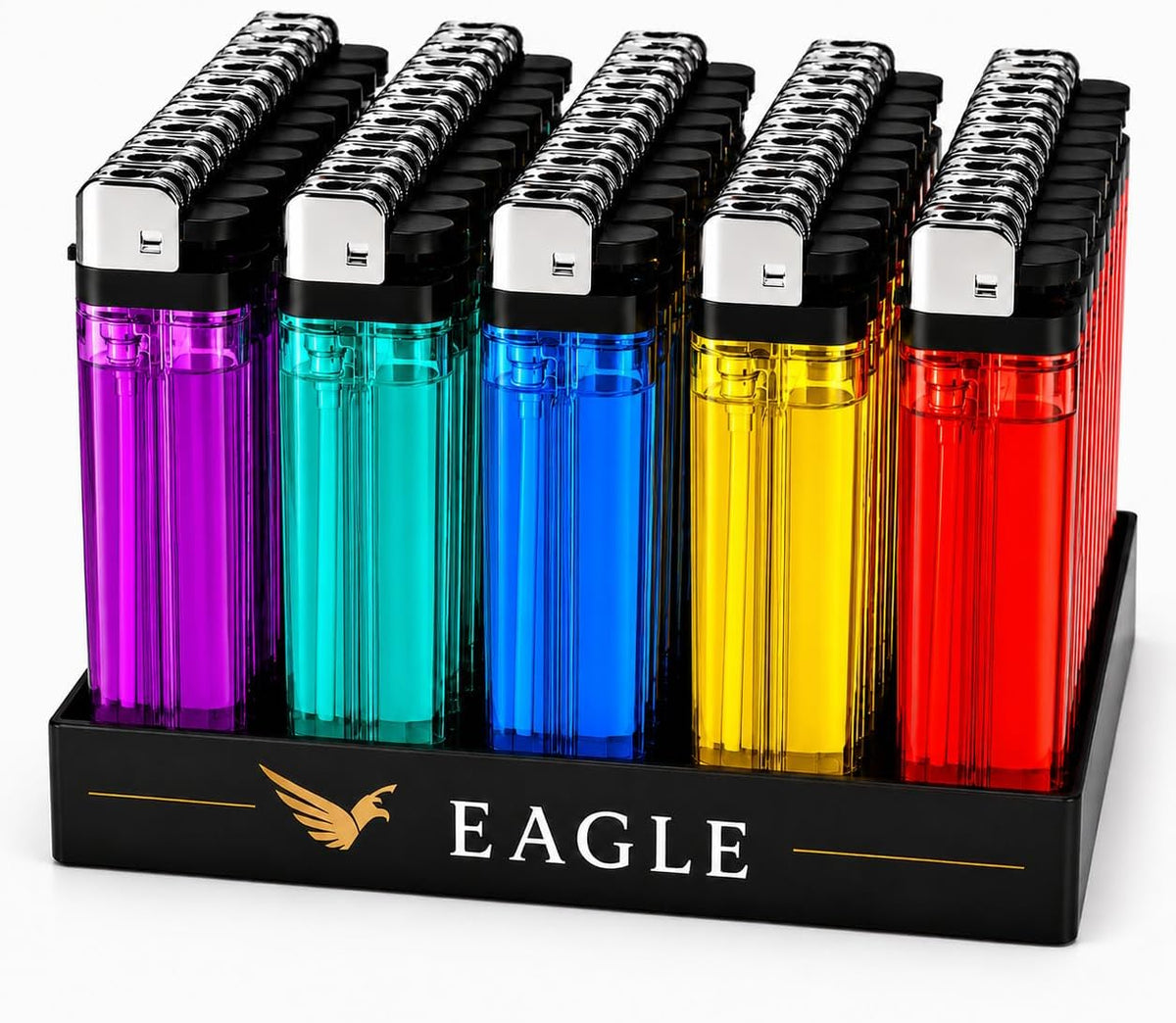 Eagle 50 Count Disposable Lighters, Assorted Color Utility Pack with Display Tray, Transparent Body for Home, BBQ, Camping, Candles & Emergency Kit