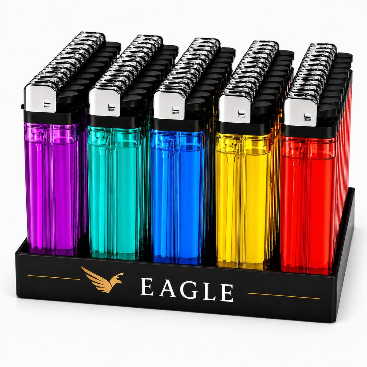 Eagle 50 Count Disposable Lighters, Assorted Color Utility Pack with Display Tray, Transparent Body for Home, BBQ, Camping, Candles & Emergency Kit